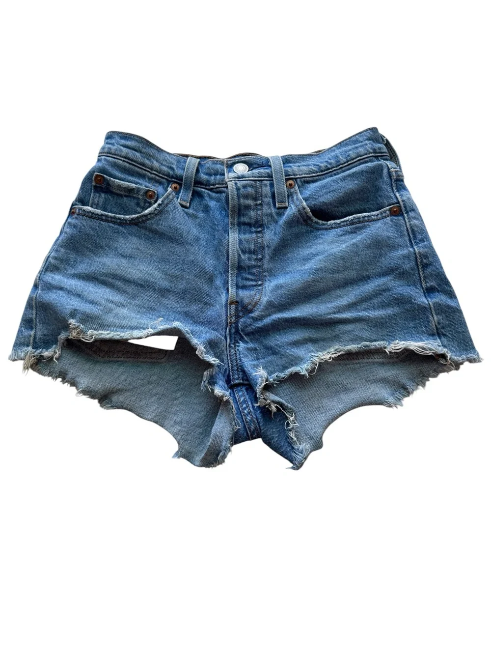 Women's Levis 501 Original High Rise Distressed Hem Cut Off Shorts - Picture 4 of 16
